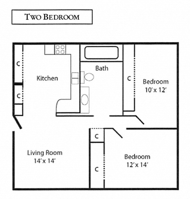 Floor plan for 2 beds, 1 bath, 850 sqft